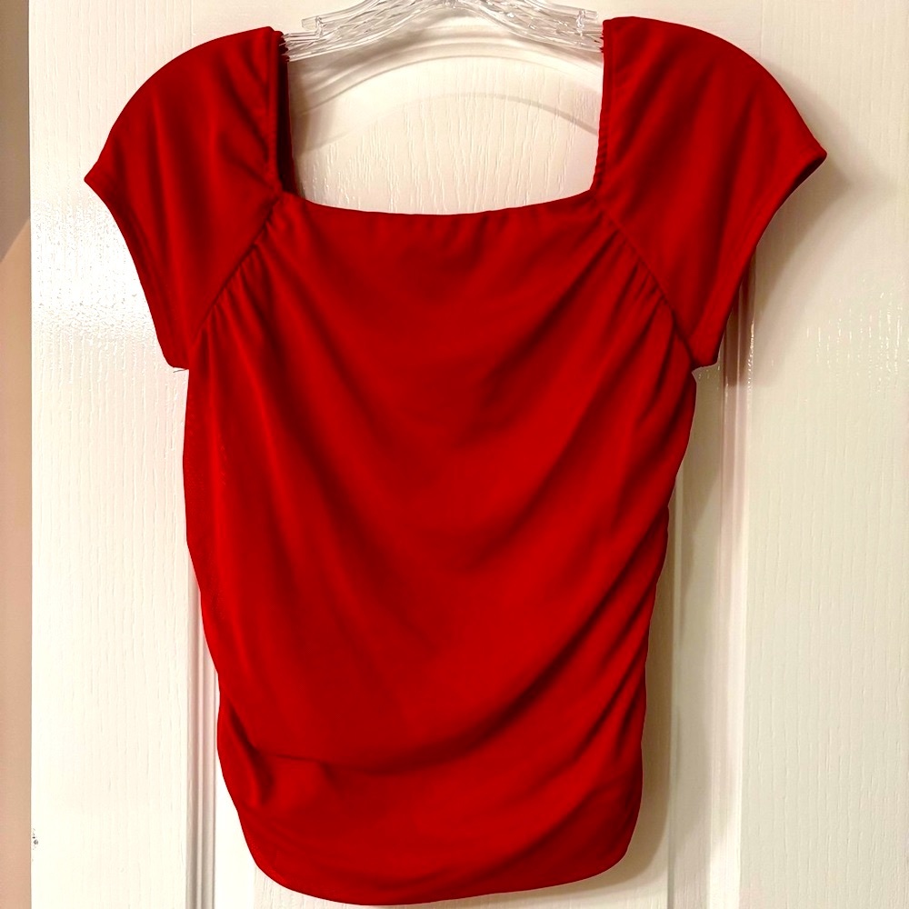 Elegant red square neck top with ruched side detail